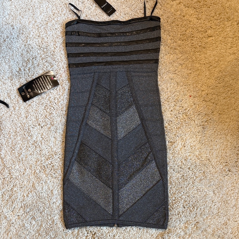 New Bebe dress mini bodycon faux leather tube top small gray black sparkle